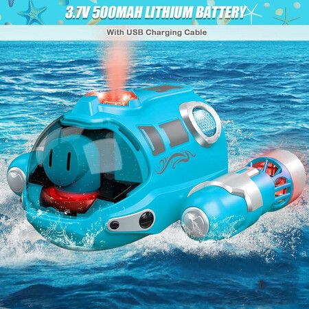 2.4GHz Remote Control Spray Gasboat Toys for Pools and Lakes with Light Double Propellers Rechargeable Swimming Pool Toy for Kids (Blue)