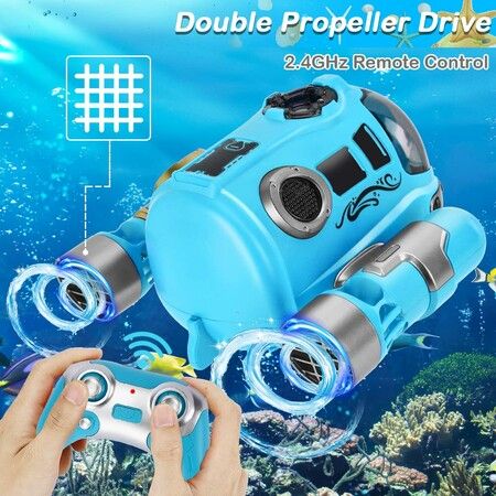 2.4GHz Remote Control Spray Gasboat Toys for Pools and Lakes with Light Double Propellers Rechargeable Swimming Pool Toy for Kids (Blue)