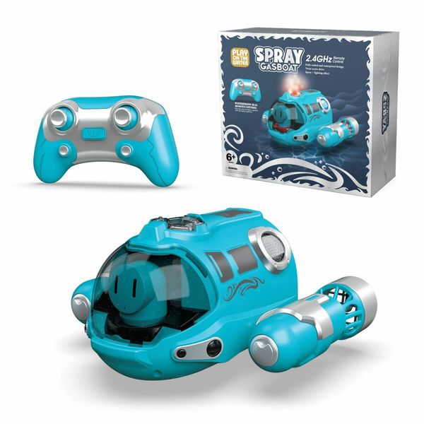 2.4GHz Remote Control Spray Gasboat Toys for Pools and Lakes with Light Double Propellers Rechargeable Swimming Pool Toy for Kids (Blue)