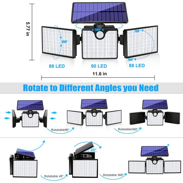 Solar Motion Sensor Light 266 LED Waterproof Luces with 3 Adjutable Head Wide Angle for Outside Garage Yard Patio