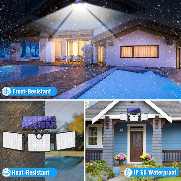 Solar Motion Sensor Light 266 LED Waterproof Luces with 3 Adjutable Head Wide Angle for Outside Garage Yard Patio