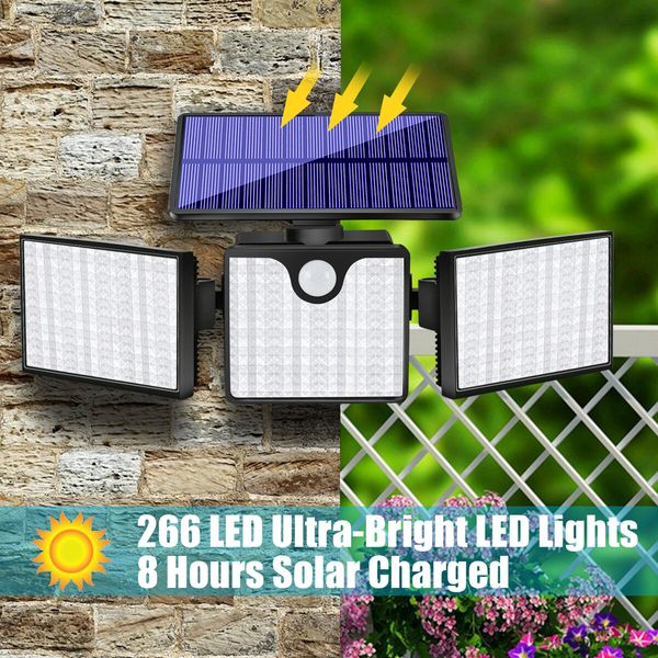 Solar Motion Sensor Light 266 LED Waterproof Luces with 3 Adjutable Head Wide Angle for Outside Garage Yard Patio