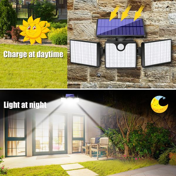 Solar Motion Sensor Light 266 LED Waterproof Luces with 3 Adjutable Head Wide Angle for Outside Garage Yard Patio