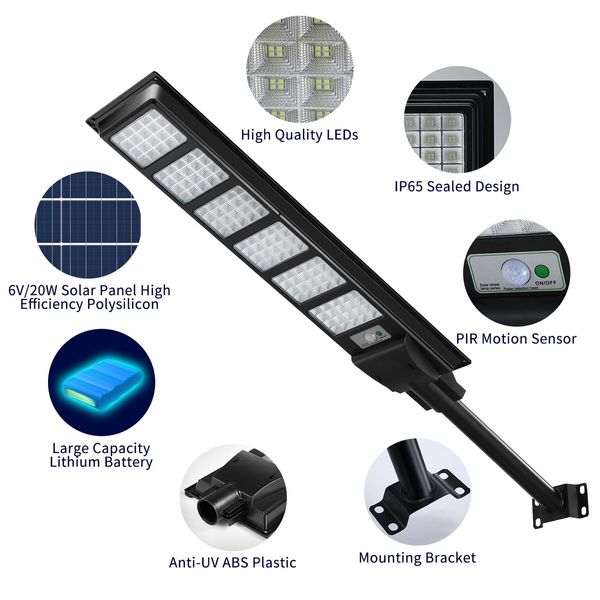 600W Solar Street Lights 480 LED Floodlight Motion Sensor Outdoor Garden Yard Security Flood Down Lamp Remote Control Waterproof Parking Lot Spot Pole