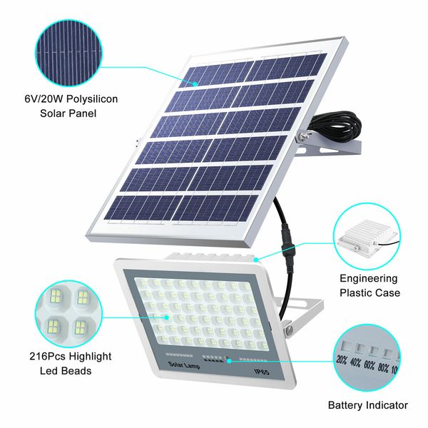 Solar Flood Street Light 216 LED Sensor Outdoor Garden Floodlight Remote Security Wall Lamp Outside Waterproof Yard Driveway Patio Parking Lot 200W