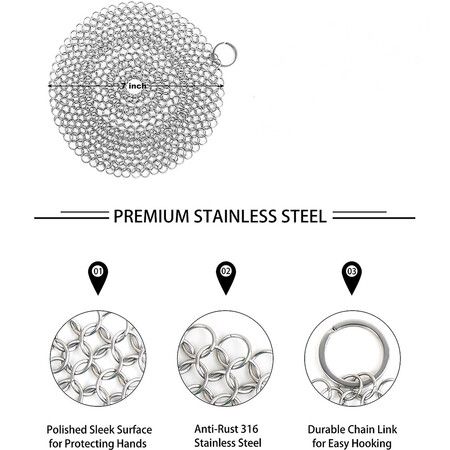 2PCS Cast Iron Skillet Cleaner Chainmail, Premium Stainless Steel Chain Maille Scrubber for Cast Iron Pans,Stainless Steel, Glassware (7IN Round)