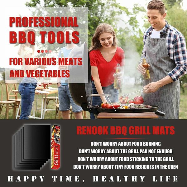 Grill Mat Set of 5, 100% Non-Stick BBQ Grill Mats for Electric Grill Gas Charcoal BBQ 40x33 cm, Black