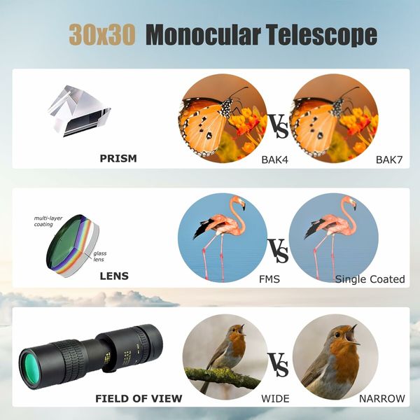 300x40 Monocular Telescope High Powered Zoom for Smartphone Handheld Monocular with Flexible Tripod for Hunting Bird Watching Travel