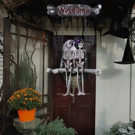 Halloween Skull Skeleton Bride And Groom Welcome Doorplate Hanger