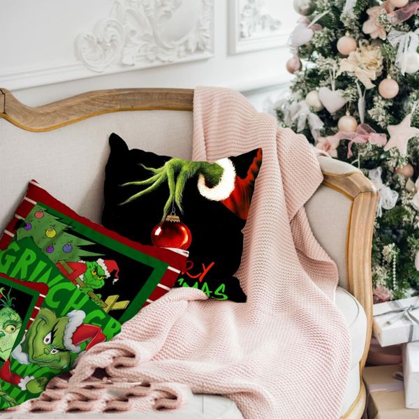 Christmas Pillow Covers 18x18 inch Set of 4 for Christmas Decorations Winter Xmas Farmhouse Pillow case,Merry Grinchmas Throw Pillow Covers Cotton Linen Pillow Case Grinch Holiday Decor for Home