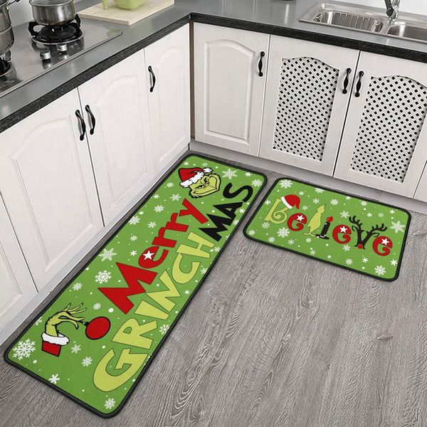 Merry Grinchmas Kitchen Rugs and Mats Set of 2,Christmas Grinch Kitchen Decoration,Non Slip Absorbent Kitchen Mat Waterproof Runner Rug for Laundry Room and Sink 17x 48 Inches