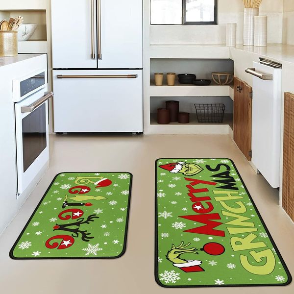 Merry Grinchmas Kitchen Rugs and Mats Set of 2,Christmas Grinch Kitchen Decoration,Non Slip Absorbent Kitchen Mat Waterproof Runner Rug for Laundry Room and Sink 17x 48 Inches