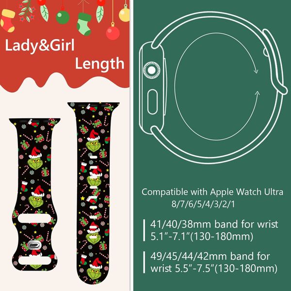 Christmas Grinch Apple Watch Band Compatible with Apple Watch Band 42mm/44mm/45mm iWatch SE Series 8 7 6 5 4 3 2 1,Soft Silicone Sport Replacement Strap Band for Girls (Size:42mm/44mm/45mm)