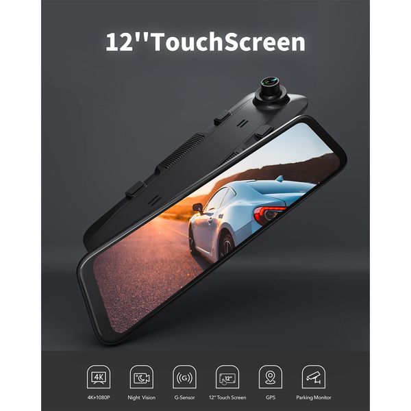 12" 4K Rear View Mirror Camera,Smart Full Touch Screen Mirror Dash Cam Front and Rear,Backup Camera with 1080P Rear Camera,Dash Cam with WDR Camera,Night Vision,Free 64GB Card