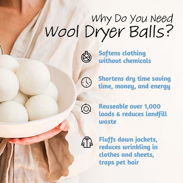 Wool Dryer Balls, Natural Fabric Softener, Reusable, Reduces Clothing Wrinkles and Saves Drying Time (6Pcs)