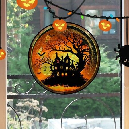 Halloween Horror Castle Black Cat Window Stickers, PVC, No Glue, Static Decorative, Colorful, Party, Home, On Glass