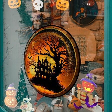 Halloween Horror Castle Black Cat Window Stickers, PVC, No Glue, Static Decorative, Colorful, Party, Home, On Glass