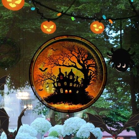 Halloween Horror Castle Black Cat Window Stickers, PVC, No Glue, Static Decorative, Colorful, Party, Home, On Glass