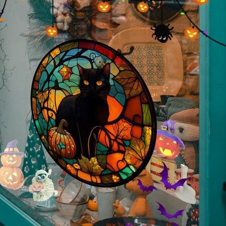 Halloween Horror Castle Black Cat Window Stickers, PVC, No Glue, Static Decorative, Colorful, Party, Home, On Glass