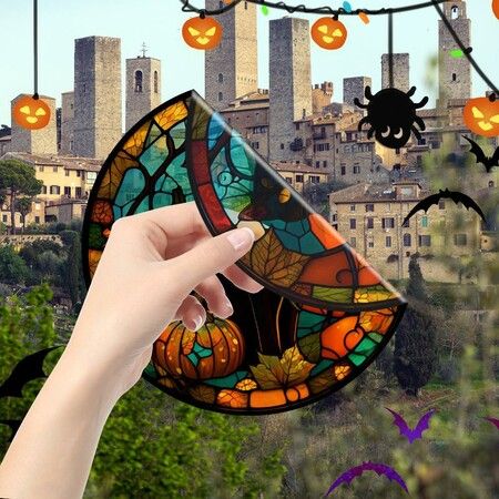 Halloween Horror Castle Black Cat Window Stickers, PVC, No Glue, Static Decorative, Colorful, Party, Home, On Glass