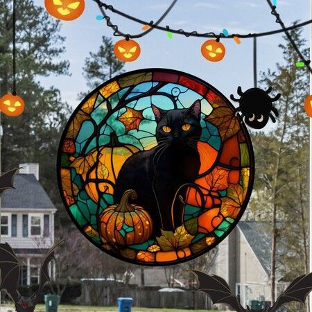 Halloween Horror Castle Black Cat Window Stickers, PVC, No Glue, Static Decorative, Colorful, Party, Home, On Glass