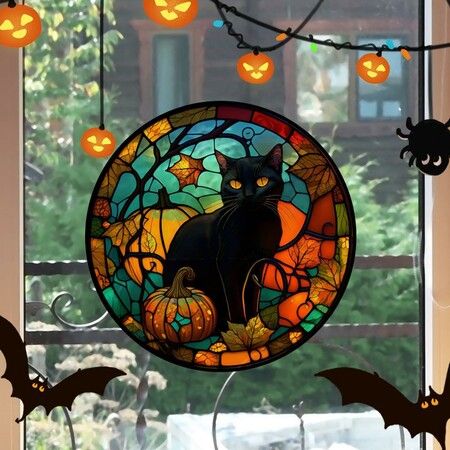 Halloween Horror Castle Black Cat Window Stickers, PVC, No Glue, Static Decorative, Colorful, Party, Home, On Glass