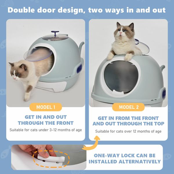 Cat Litter Tray Box Kitty Enclosed Large Pet Toilet Top Entry Furniture Foldable Removable Covered Hooded Plastic With Scoop Blue