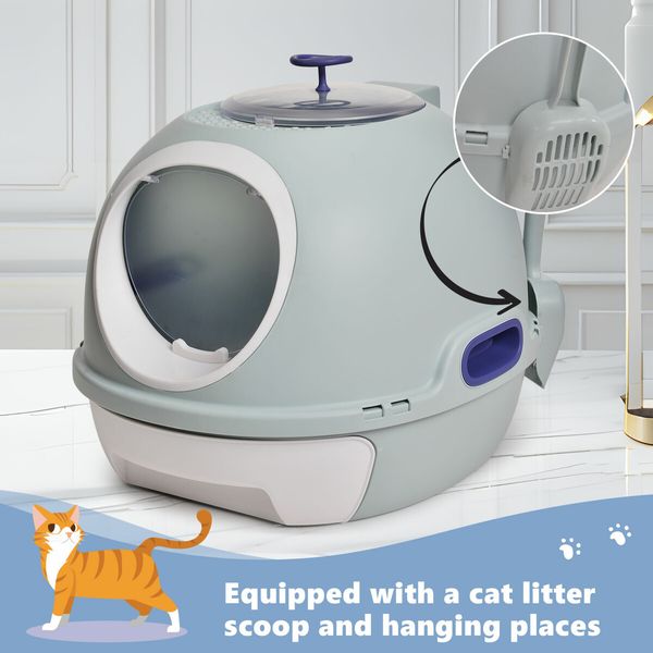 Cat Litter Tray Box Kitty Enclosed Large Pet Toilet Top Entry Furniture Foldable Removable Covered Hooded Plastic With Scoop Blue