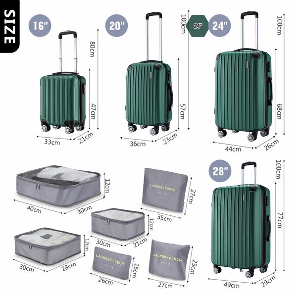 4 Piece Luggage Set Travel Suitcase Traveller Bag Carry On Lightweight Checked Hard Shell Trolley TSA Lock Green