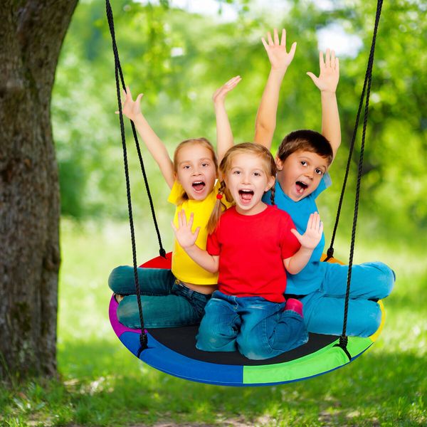 Tree Swing Seat Chair Set Childrens Hanging Outdoor Indoor Round Flying Saucer Playset Outsides Garden Camping 2 Sides Disc Straps Carabiners Kidbot