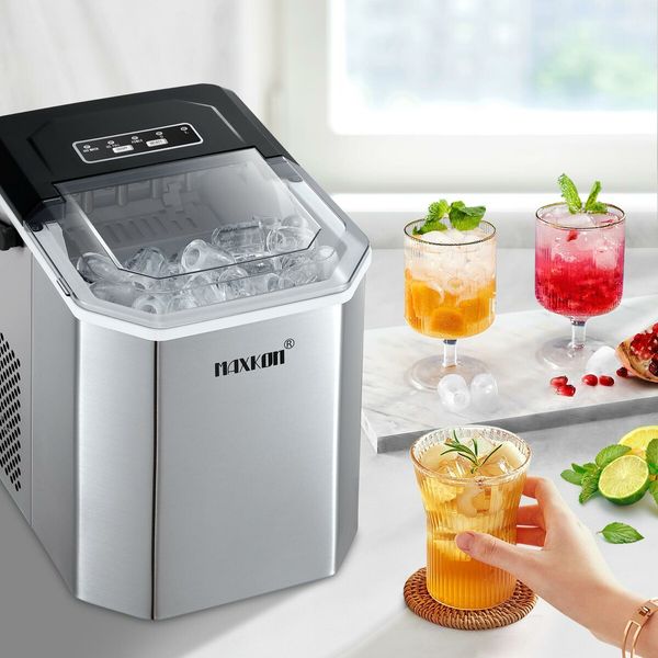 Maxkon 12kg Ice Maker Portable Cube Making Machine Freezer Countertop Home Kitchen Commercial House Appliance Self Cleaning Stainless Steel with Handle