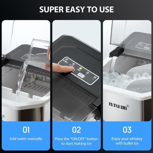 Maxkon 12kg Ice Maker Portable Cube Making Machine Freezer Countertop Home Kitchen Commercial House Appliance Self Cleaning Stainless Steel with Handle