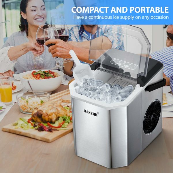 Maxkon 12kg Ice Maker Portable Cube Making Machine Freezer Countertop Home Kitchen Commercial House Appliance Self Cleaning Stainless Steel with Handle