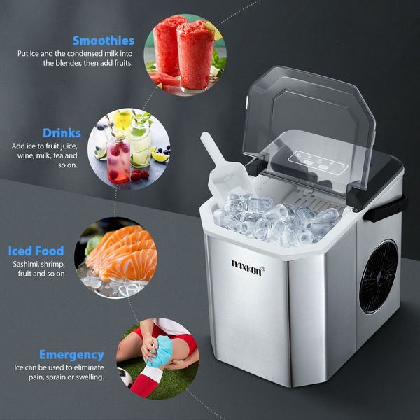 Maxkon 12kg Ice Maker Portable Cube Making Machine Freezer Countertop Home Kitchen Commercial House Appliance Self Cleaning Stainless Steel with Handle