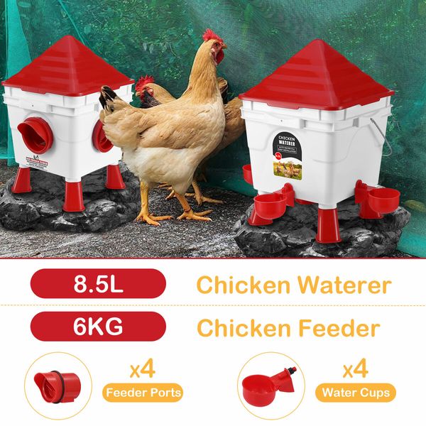 Chicken Feeder Hens Treadle Feeding 6KG 8.5L Waterer Set Automatic Food Dispense Rat Bird Proof for Poultry Rabbit With Bucket