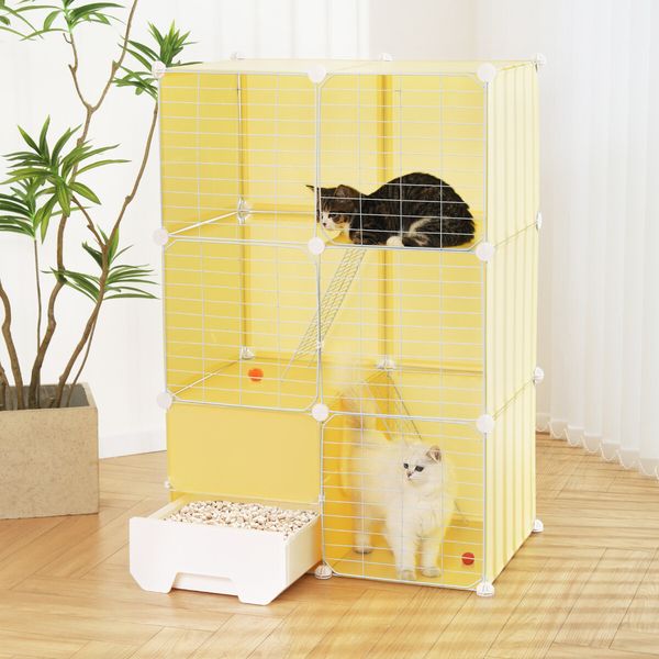 Cat Cage M Size Transparent Enclosure Pet Crate Litter Box Rabbit Hutch Pet Scene Kitty Kennel Bunny Ferret Home Playpen DIY Detachable