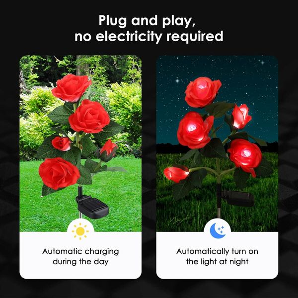 2 Pcs Solar Flower Lights Outdoor Garden Red Rose Stake Lamps LED Pathway Walkway Driveway Patio Yard Lawn Luminous Festive Home Decoration