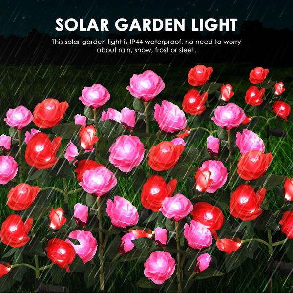 2 Pcs Solar Flower Lights Outdoor Garden Red Rose Stake Lamps LED Pathway Walkway Driveway Patio Yard Lawn Luminous Festive Home Decoration