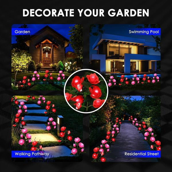 2 Pcs Solar Flower Lights Outdoor Garden Red Rose Stake Lamps LED Pathway Walkway Driveway Patio Yard Lawn Luminous Festive Home Decoration