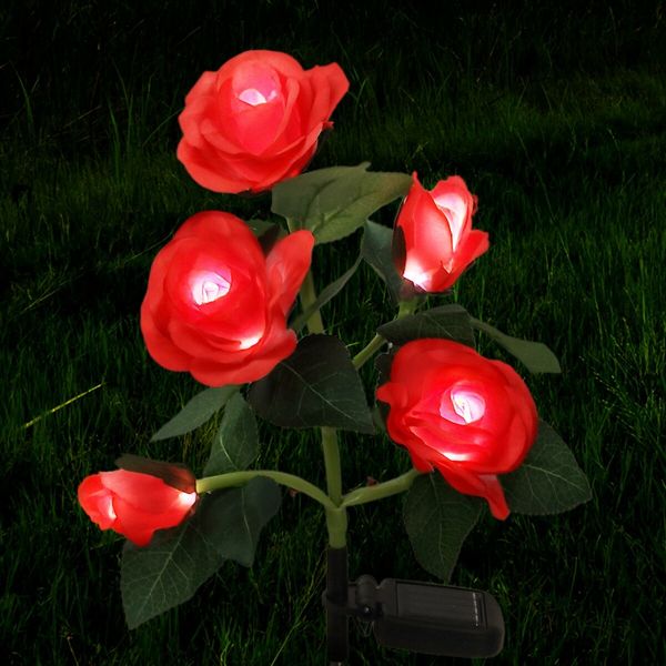 2 Pcs Solar Flower Lights Outdoor Garden Red Rose Stake Lamps LED Pathway Walkway Driveway Patio Yard Lawn Luminous Festive Home Decoration