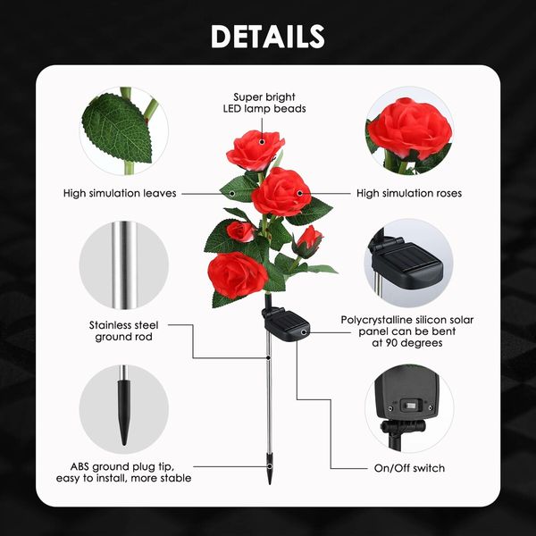 2 Pcs Solar Flower Lights Outdoor Garden Red Rose Stake Lamps LED Pathway Walkway Driveway Patio Yard Lawn Luminous Festive Home Decoration