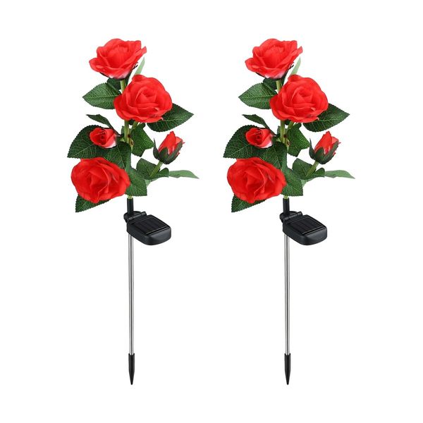 2 Pcs Solar Flower Lights Outdoor Garden Red Rose Stake Lamps LED Pathway Walkway Driveway Patio Yard Lawn Luminous Festive Home Decoration