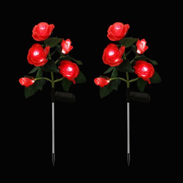 2 Pcs Solar Flower Lights Outdoor Garden Red Rose Stake Lamps LED Pathway Walkway Driveway Patio Yard Lawn Luminous Festive Home Decoration