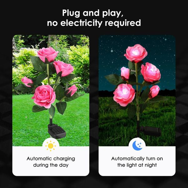 2 PCS Solar Rose Lights LED Lamps Flower Stake Outdoor Garden Lawn Path Walk Driveway Patio Yard Luminous Waterproof Festive Home Decor