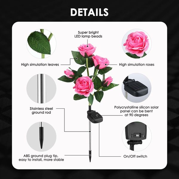 2 PCS Solar Rose Lights LED Lamps Flower Stake Outdoor Garden Lawn Path Walk Driveway Patio Yard Luminous Waterproof Festive Home Decor