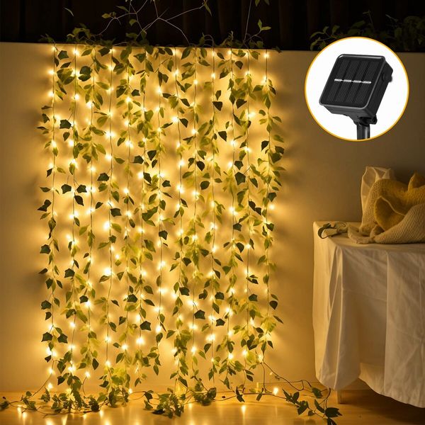 10m Solar Ivy Vine Lights 100 LED Fairy String Bedroom Outdoor Garden Fence Decor Wall Curtain Fake Plant Tree Leaf Garland Hanging Lamps