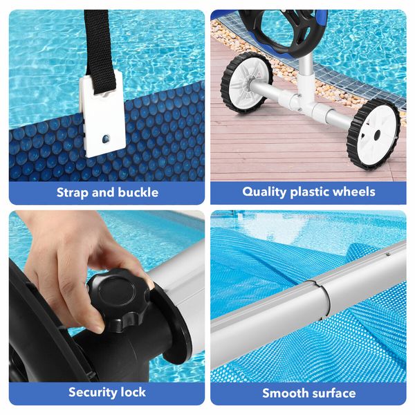 Pool Cover Roller Adjustable Swimming Blanket Reel 2.1m to 4.35m System Stand Set Heavy Duty Aluminium Straps Crank Wheels