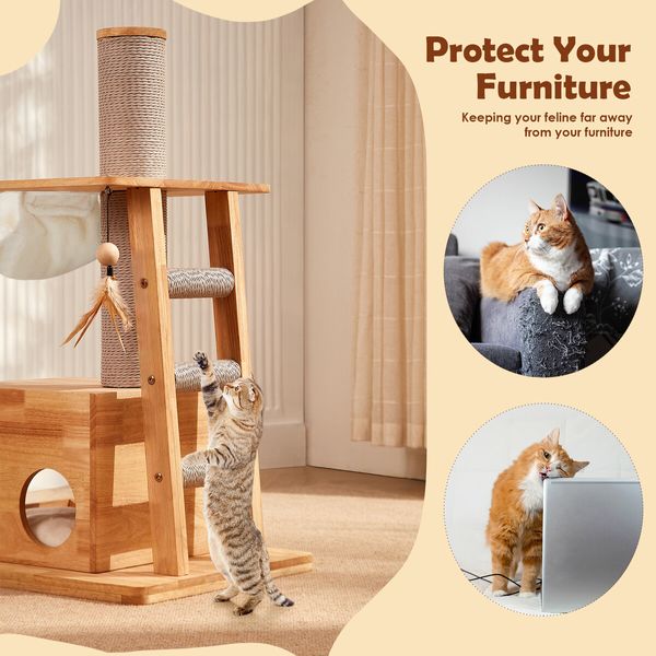 Cat Tree Hammock Condo Wooden Tower Sisal Scratching Post Stand Dangling Toy Feather Climbing Ladder Play Gym Pet Furniture Cushion 94cm Tall