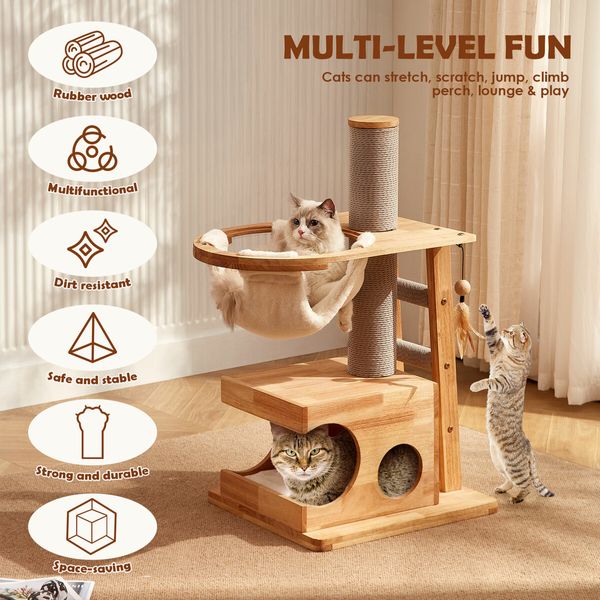 Cat Tree Hammock Condo Wooden Tower Sisal Scratching Post Stand Dangling Toy Feather Climbing Ladder Play Gym Pet Furniture Cushion 94cm Tall