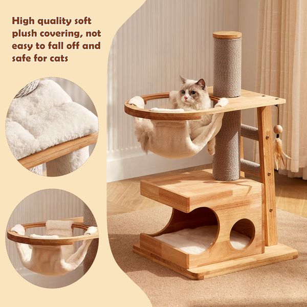 Cat Tree Hammock Condo Wooden Tower Sisal Scratching Post Stand Dangling Toy Feather Climbing Ladder Play Gym Pet Furniture Cushion 94cm Tall